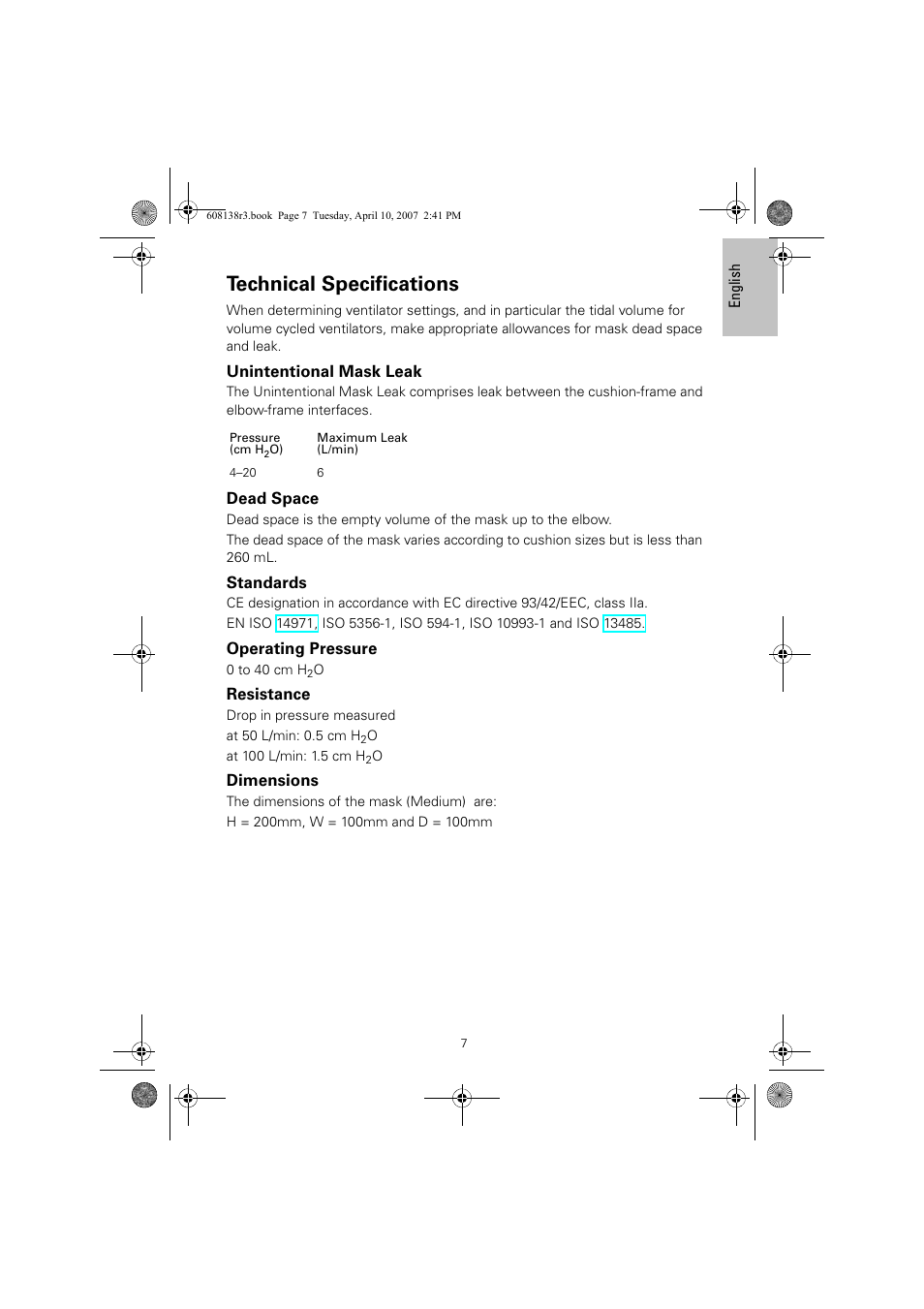 Technical specifications | ResMed Non-Vented Full Face Mask Ultra Mirage User Manual | Page 11 / 74