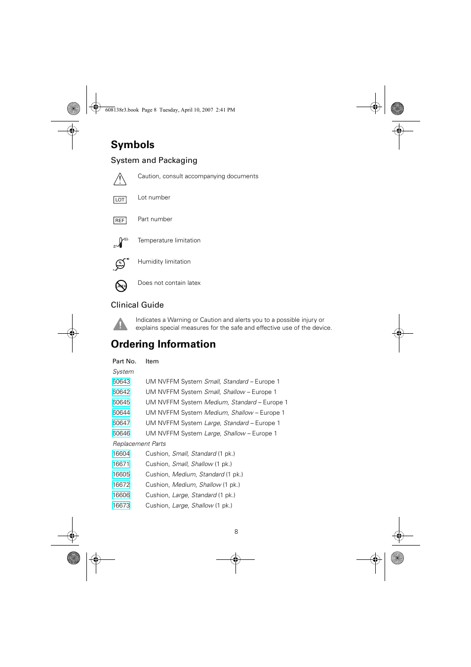 Symbols, Ordering information, System and packaging clinical guide | ResMed Non-Vented Full Face Mask Ultra Mirage User Manual | Page 12 / 74