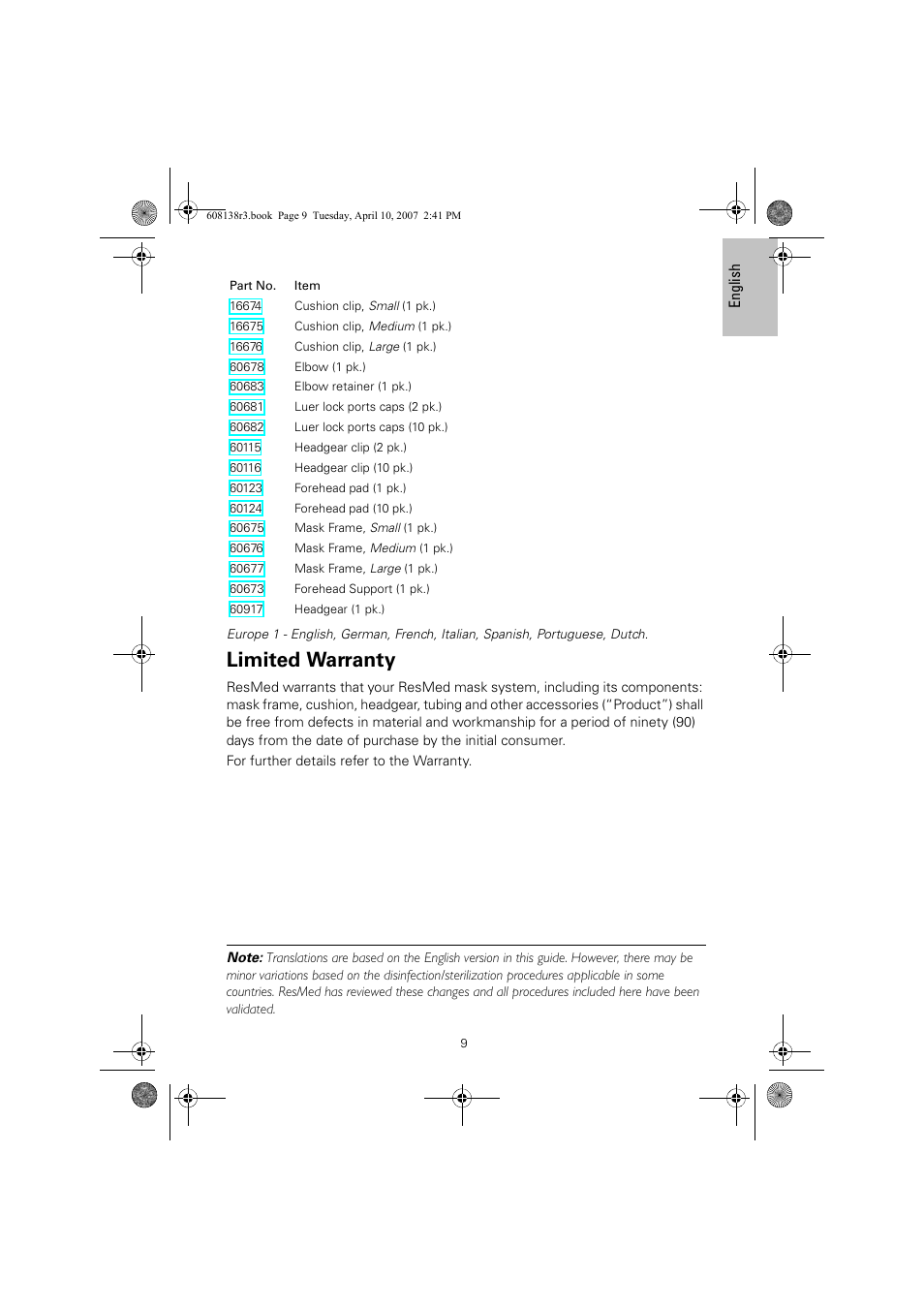 Limited warranty | ResMed Non-Vented Full Face Mask Ultra Mirage User Manual | Page 13 / 74