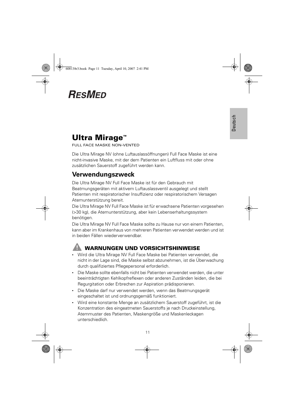 Ultra mirage, Verwendungszweck | ResMed Non-Vented Full Face Mask Ultra Mirage User Manual | Page 15 / 74