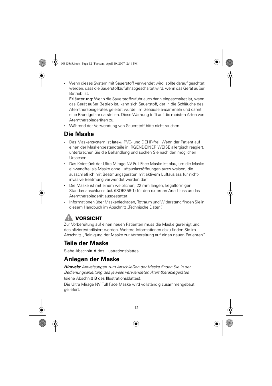 Die maske, Teile der maske, Anlegen der maske | ResMed Non-Vented Full Face Mask Ultra Mirage User Manual | Page 16 / 74