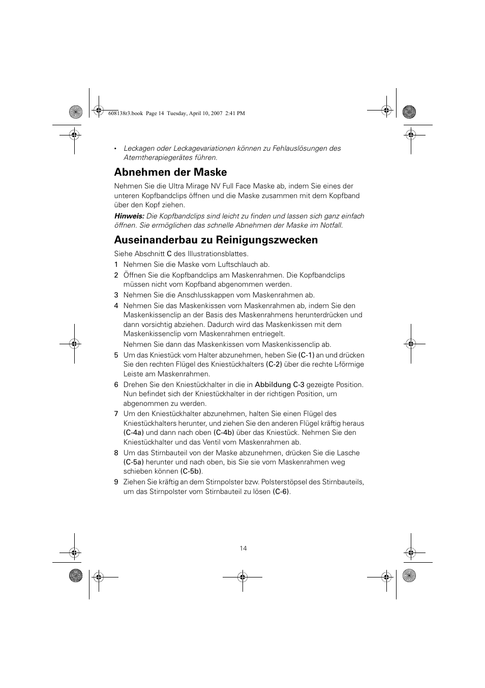 Abnehmen der maske, Auseinanderbau zu reinigungszwecken | ResMed Non-Vented Full Face Mask Ultra Mirage User Manual | Page 18 / 74