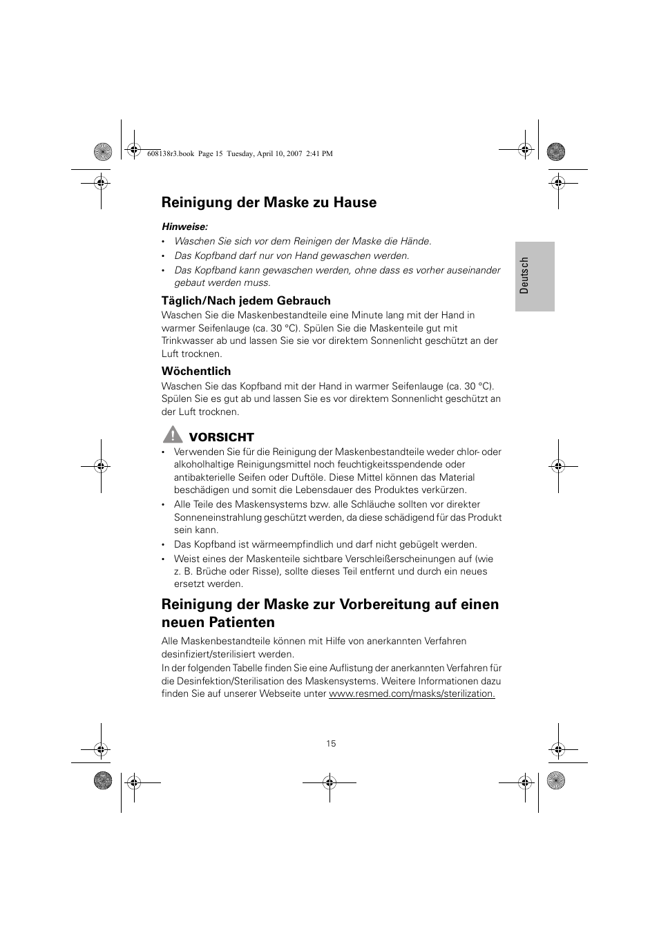 Reinigung der maske zu hause | ResMed Non-Vented Full Face Mask Ultra Mirage User Manual | Page 19 / 74