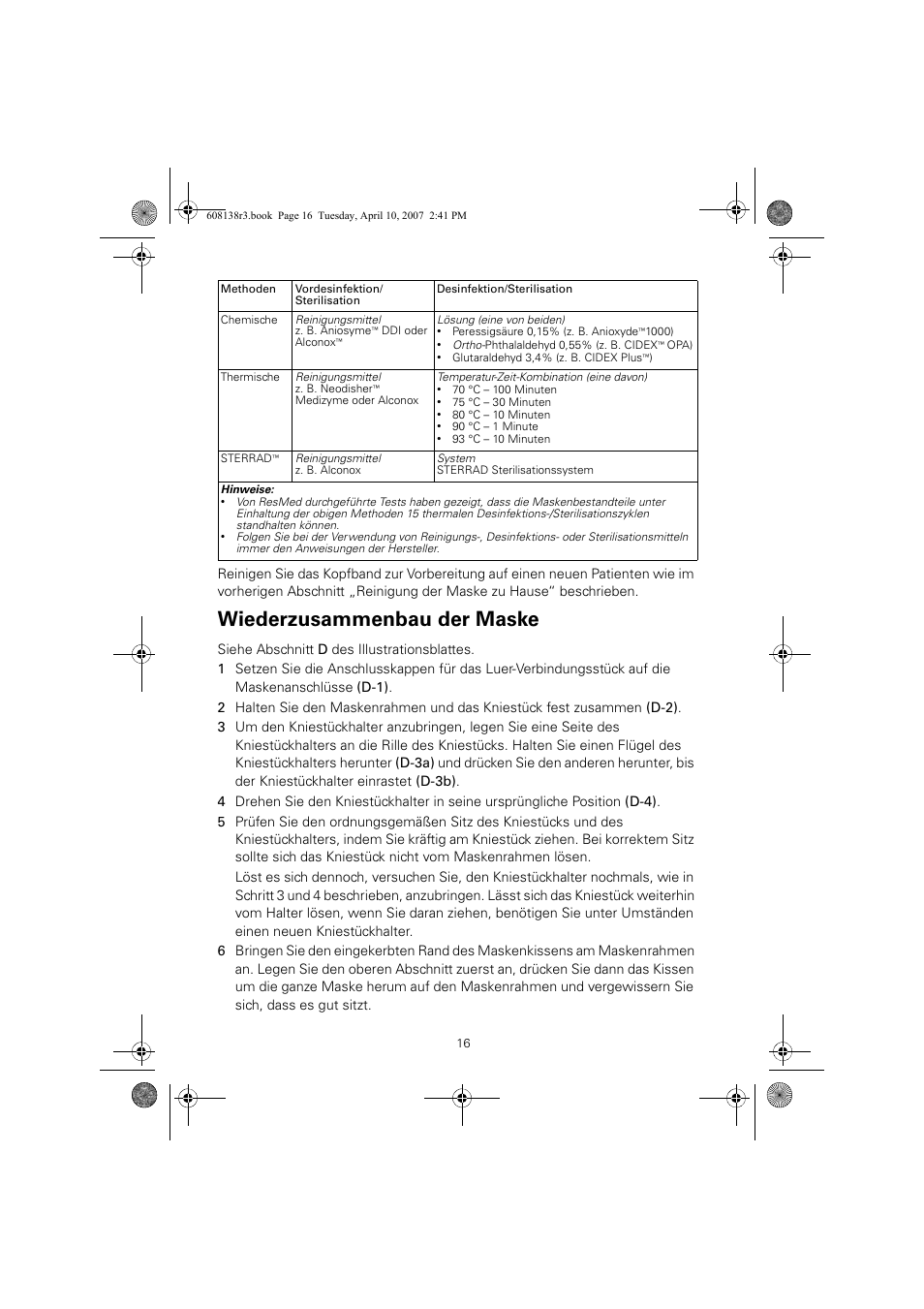 Wiederzusammenbau der maske | ResMed Non-Vented Full Face Mask Ultra Mirage User Manual | Page 20 / 74