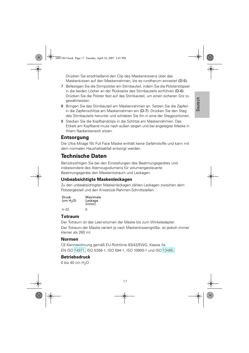 Technische daten, Entsorgung | ResMed Non-Vented Full Face Mask Ultra Mirage User Manual | Page 21 / 74