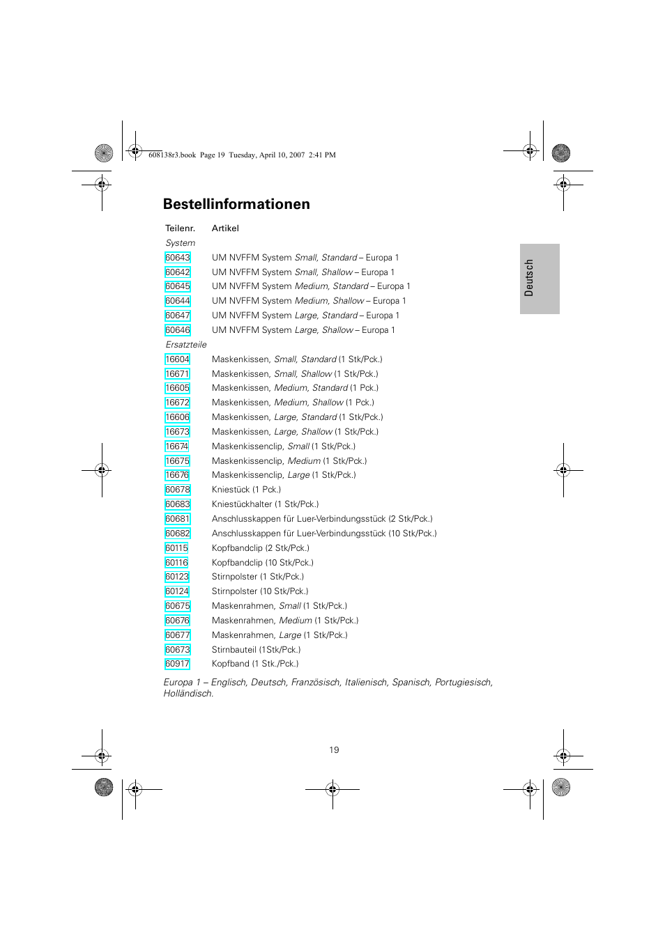 Bestellinformationen | ResMed Non-Vented Full Face Mask Ultra Mirage User Manual | Page 23 / 74