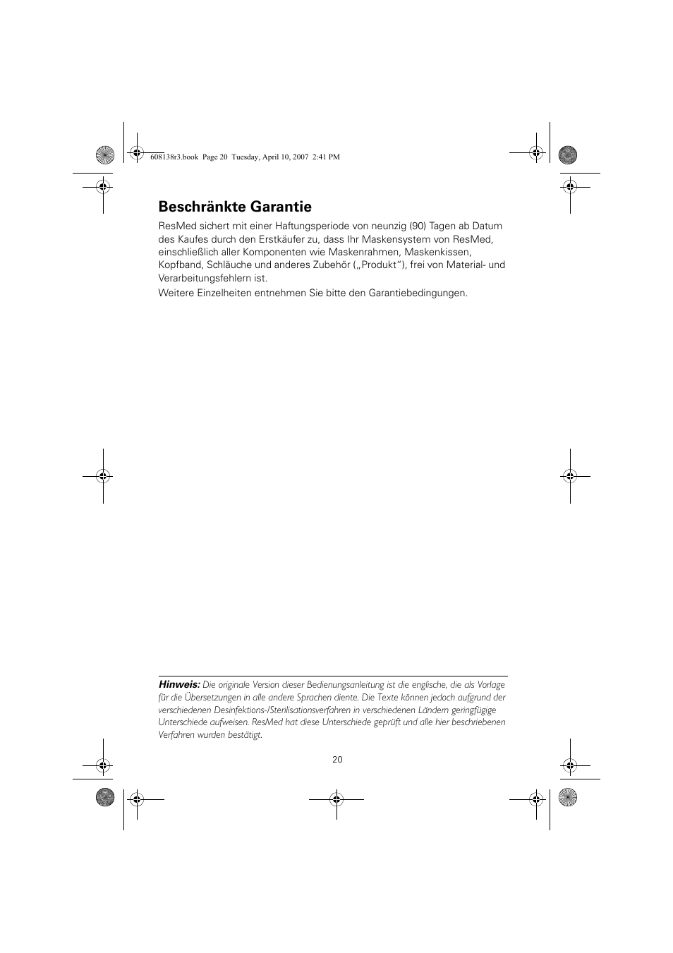 Beschränkte garantie | ResMed Non-Vented Full Face Mask Ultra Mirage User Manual | Page 24 / 74