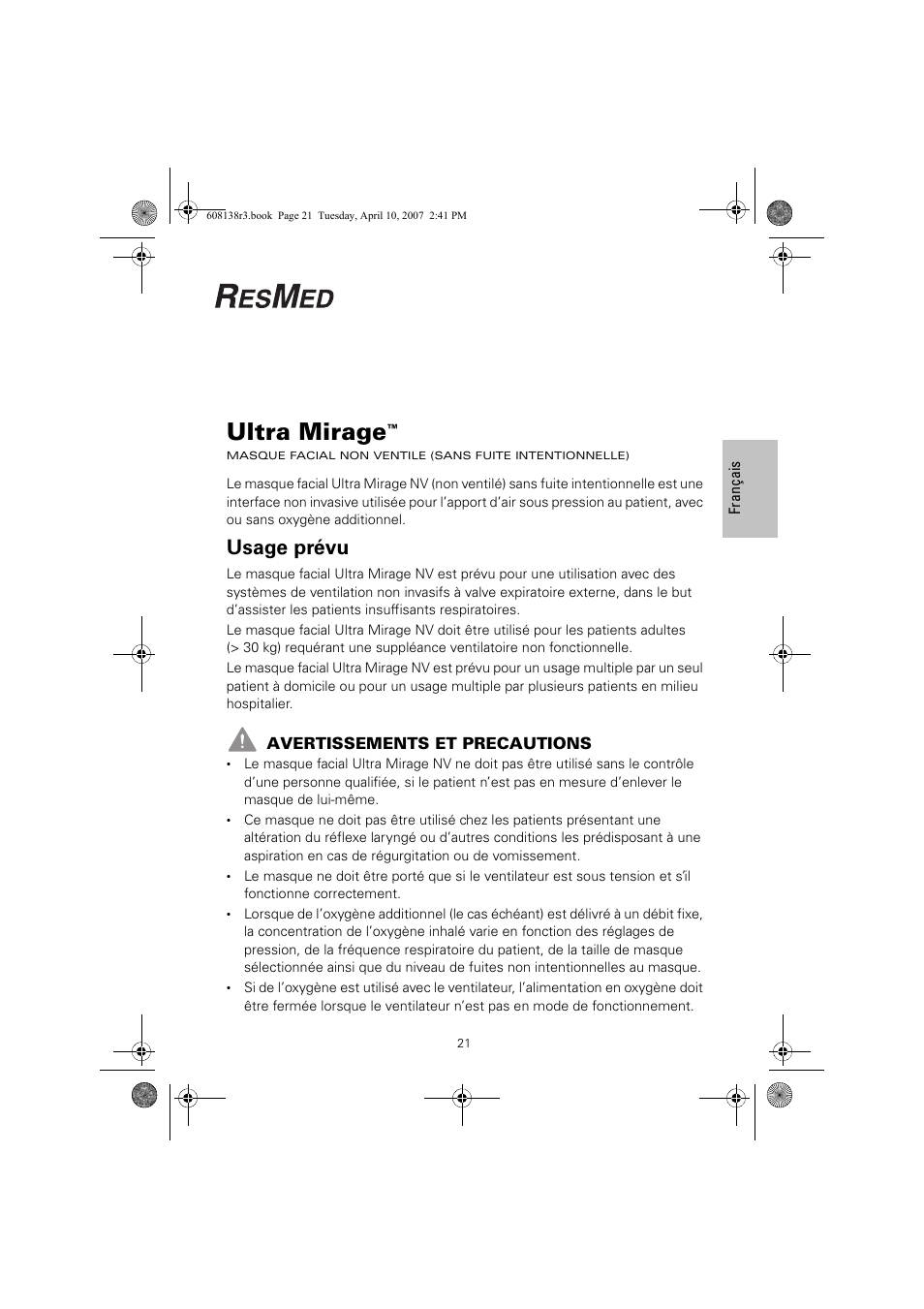 Ultra mirage, Usage prévu | ResMed Non-Vented Full Face Mask Ultra Mirage User Manual | Page 25 / 74