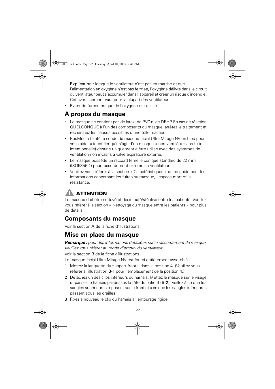 A propos du masque, Composants du masque, Mise en place du masque | ResMed Non-Vented Full Face Mask Ultra Mirage User Manual | Page 26 / 74