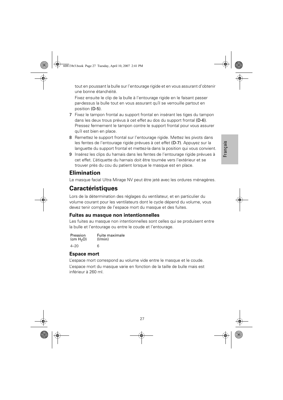 Caractéristiques, Elimination | ResMed Non-Vented Full Face Mask Ultra Mirage User Manual | Page 31 / 74