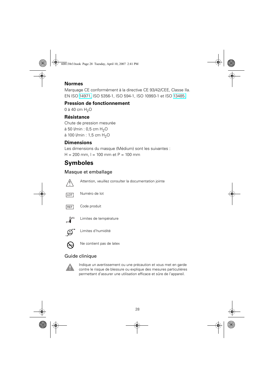 Symboles | ResMed Non-Vented Full Face Mask Ultra Mirage User Manual | Page 32 / 74