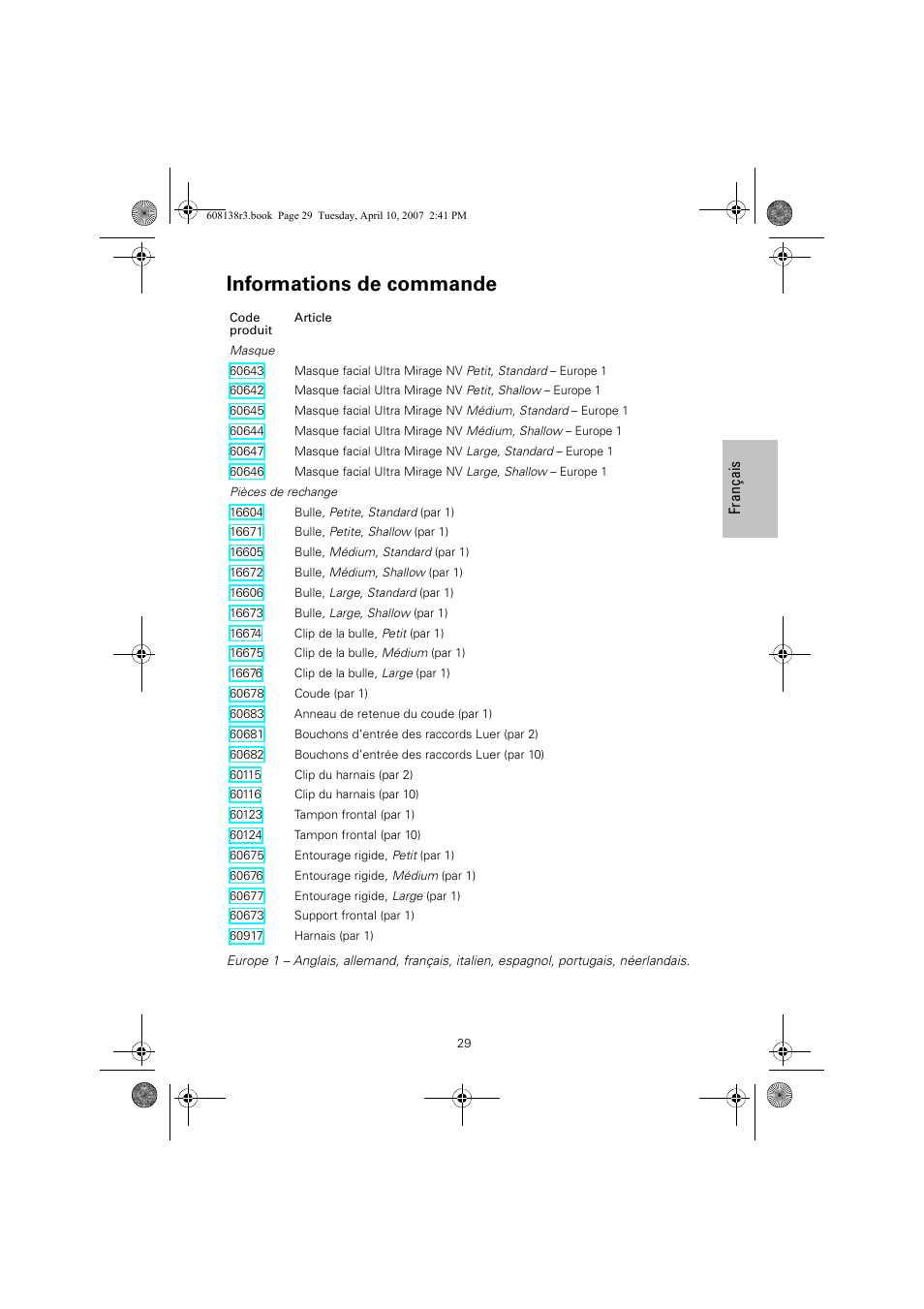 Informations de commande | ResMed Non-Vented Full Face Mask Ultra Mirage User Manual | Page 33 / 74