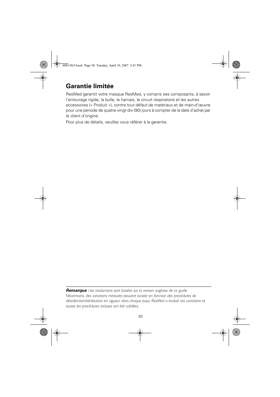 Garantie limitée | ResMed Non-Vented Full Face Mask Ultra Mirage User Manual | Page 34 / 74