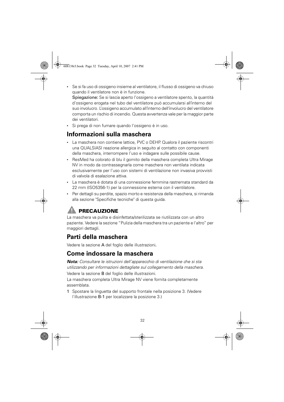 Informazioni sulla maschera, Parti della maschera, Come indossare la maschera | ResMed Non-Vented Full Face Mask Ultra Mirage User Manual | Page 36 / 74