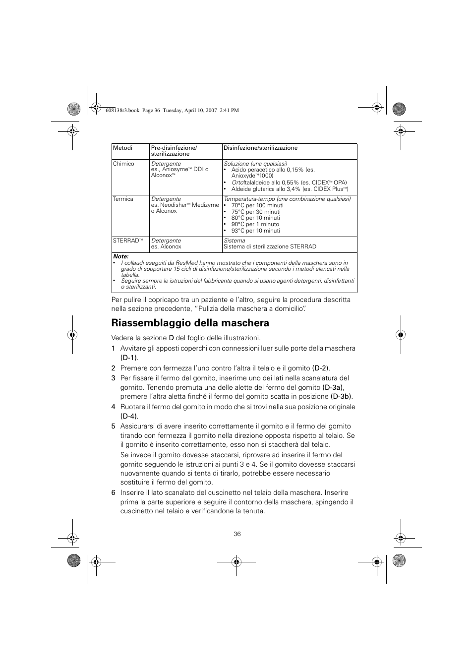 Riassemblaggio della maschera | ResMed Non-Vented Full Face Mask Ultra Mirage User Manual | Page 40 / 74