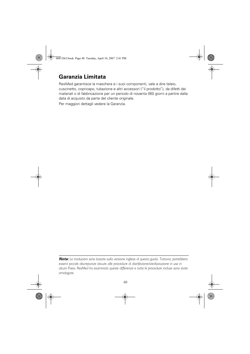 Garanzia limitata | ResMed Non-Vented Full Face Mask Ultra Mirage User Manual | Page 44 / 74