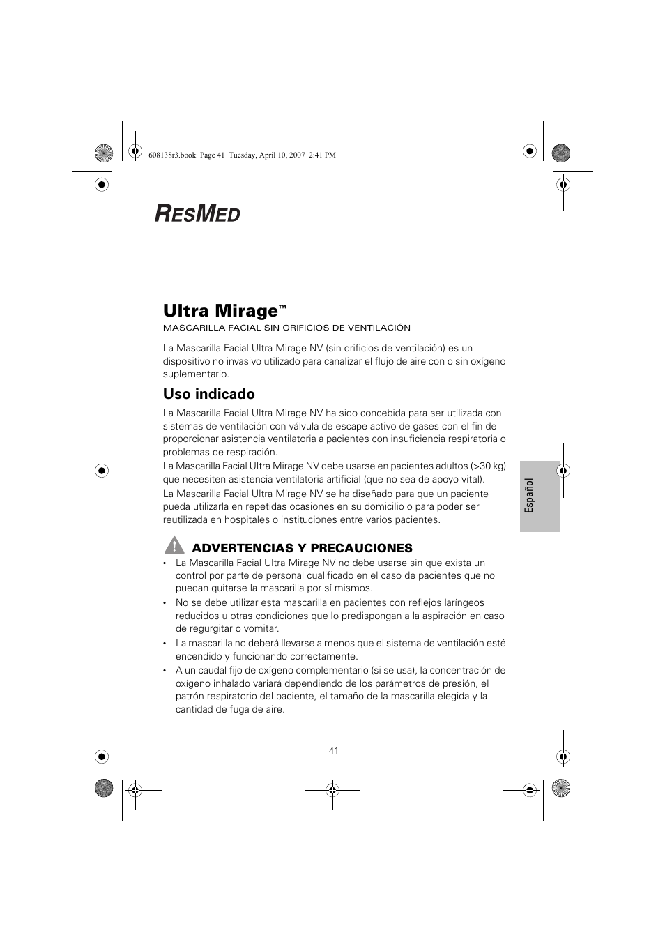 Ultra mirage, Uso indicado | ResMed Non-Vented Full Face Mask Ultra Mirage User Manual | Page 45 / 74