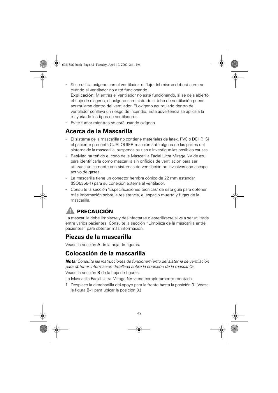 Acerca de la mascarilla, Piezas de la mascarilla, Colocación de la mascarilla | ResMed Non-Vented Full Face Mask Ultra Mirage User Manual | Page 46 / 74