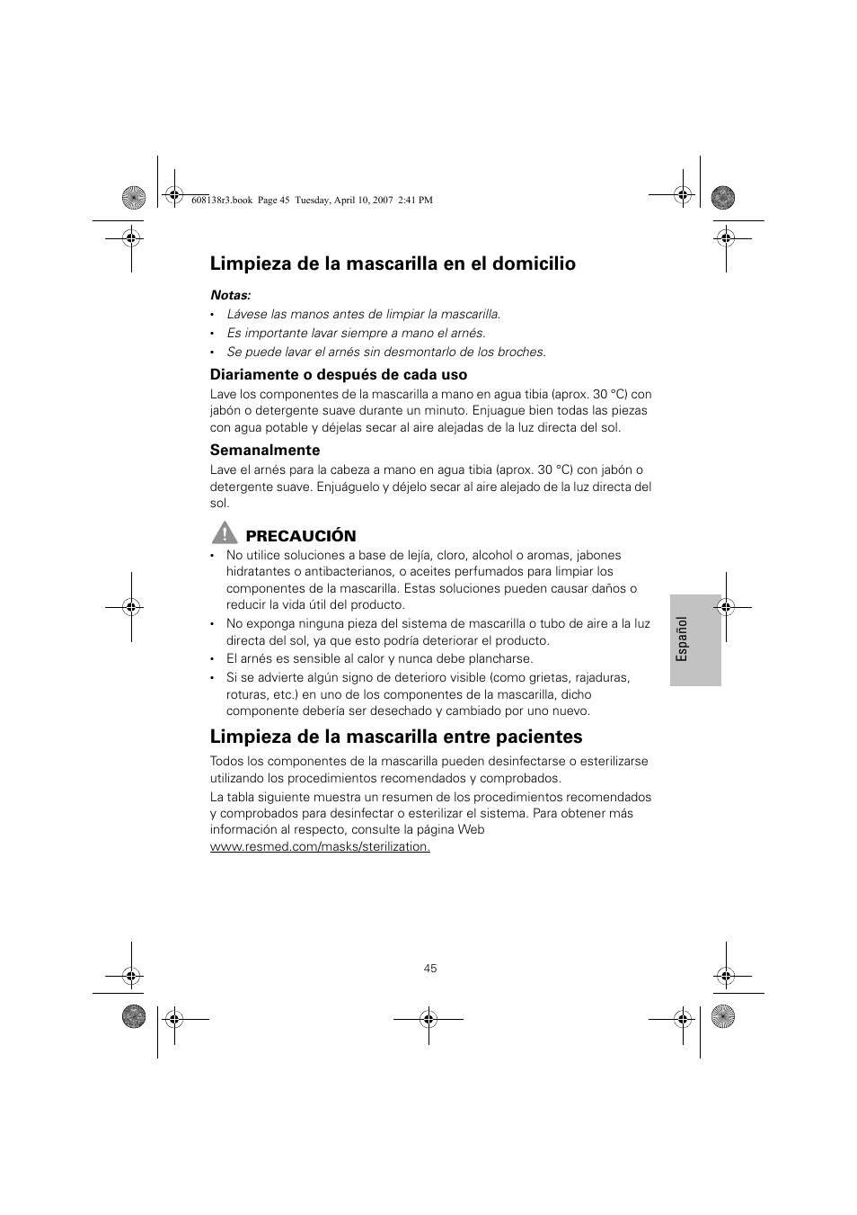 Limpieza de la mascarilla en el domicilio, Limpieza de la mascarilla entre pacientes | ResMed Non-Vented Full Face Mask Ultra Mirage User Manual | Page 49 / 74