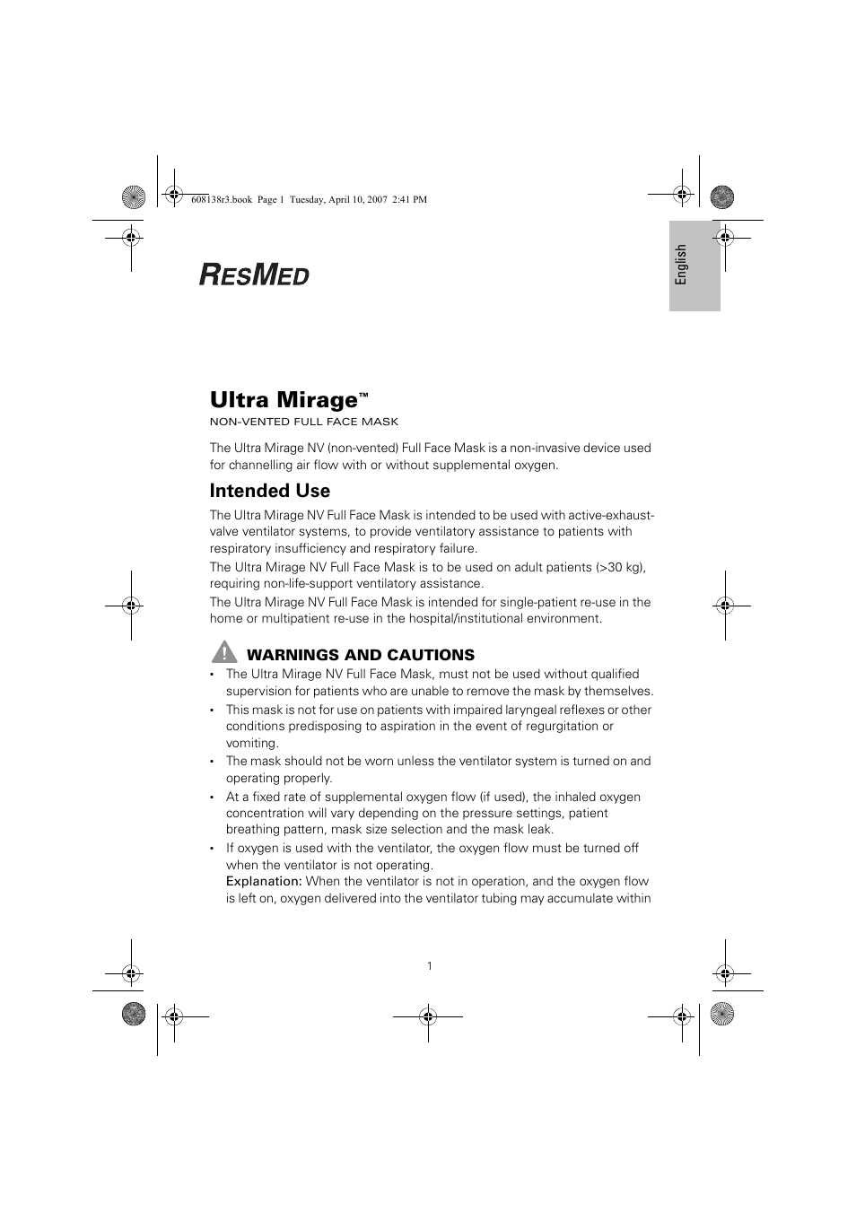 608138r3.pdf, Ultra mirage, Intended use | ResMed Non-Vented Full Face Mask Ultra Mirage User Manual | Page 5 / 74