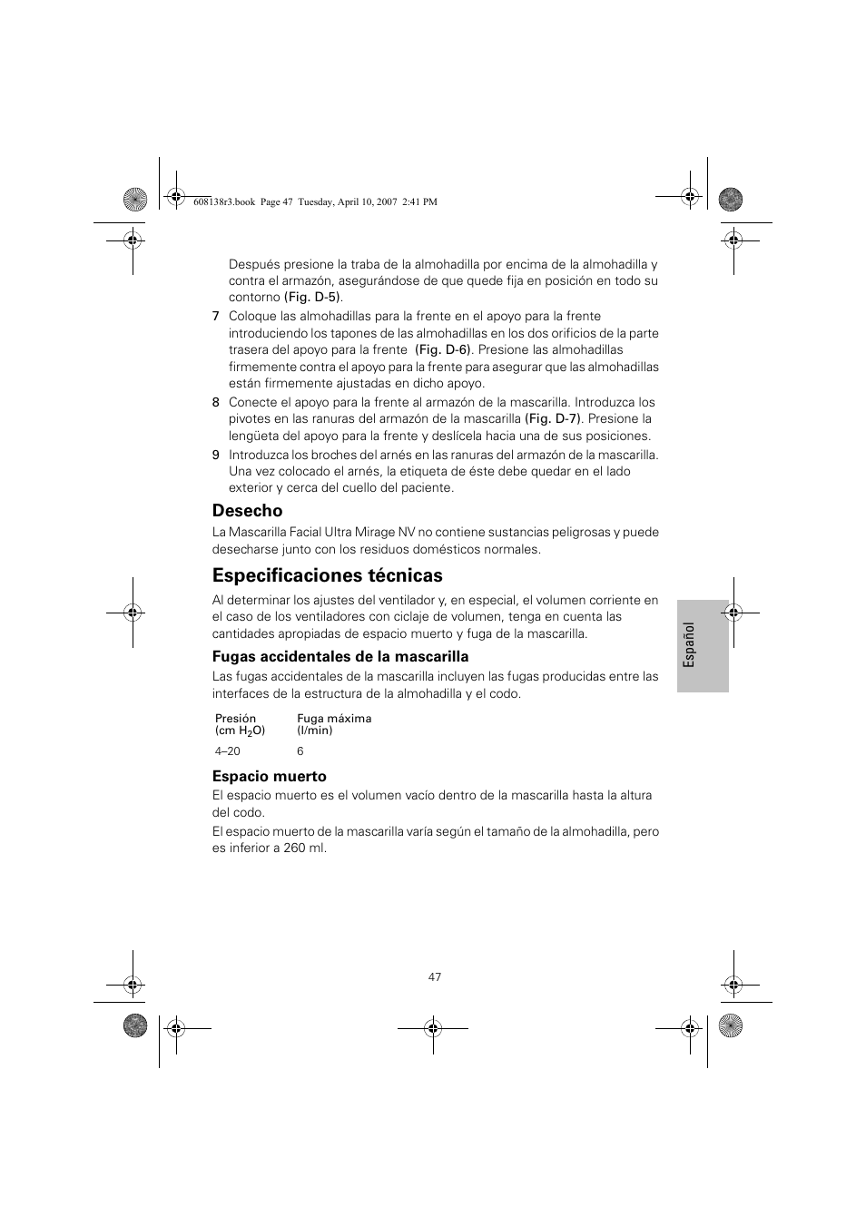 Especificaciones técnicas, Desecho | ResMed Non-Vented Full Face Mask Ultra Mirage User Manual | Page 51 / 74