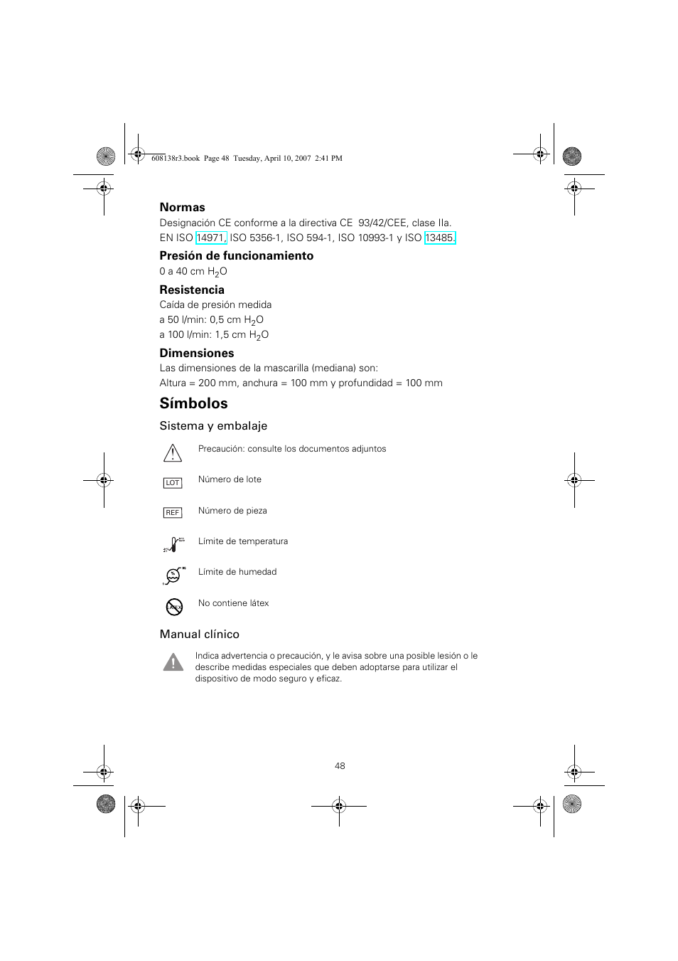 Símbolos | ResMed Non-Vented Full Face Mask Ultra Mirage User Manual | Page 52 / 74