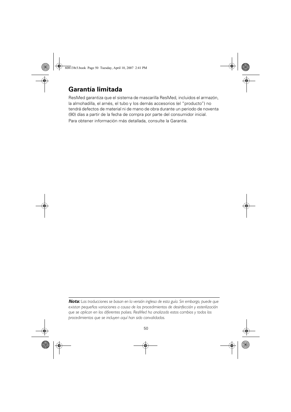 Garantía limitada | ResMed Non-Vented Full Face Mask Ultra Mirage User Manual | Page 54 / 74