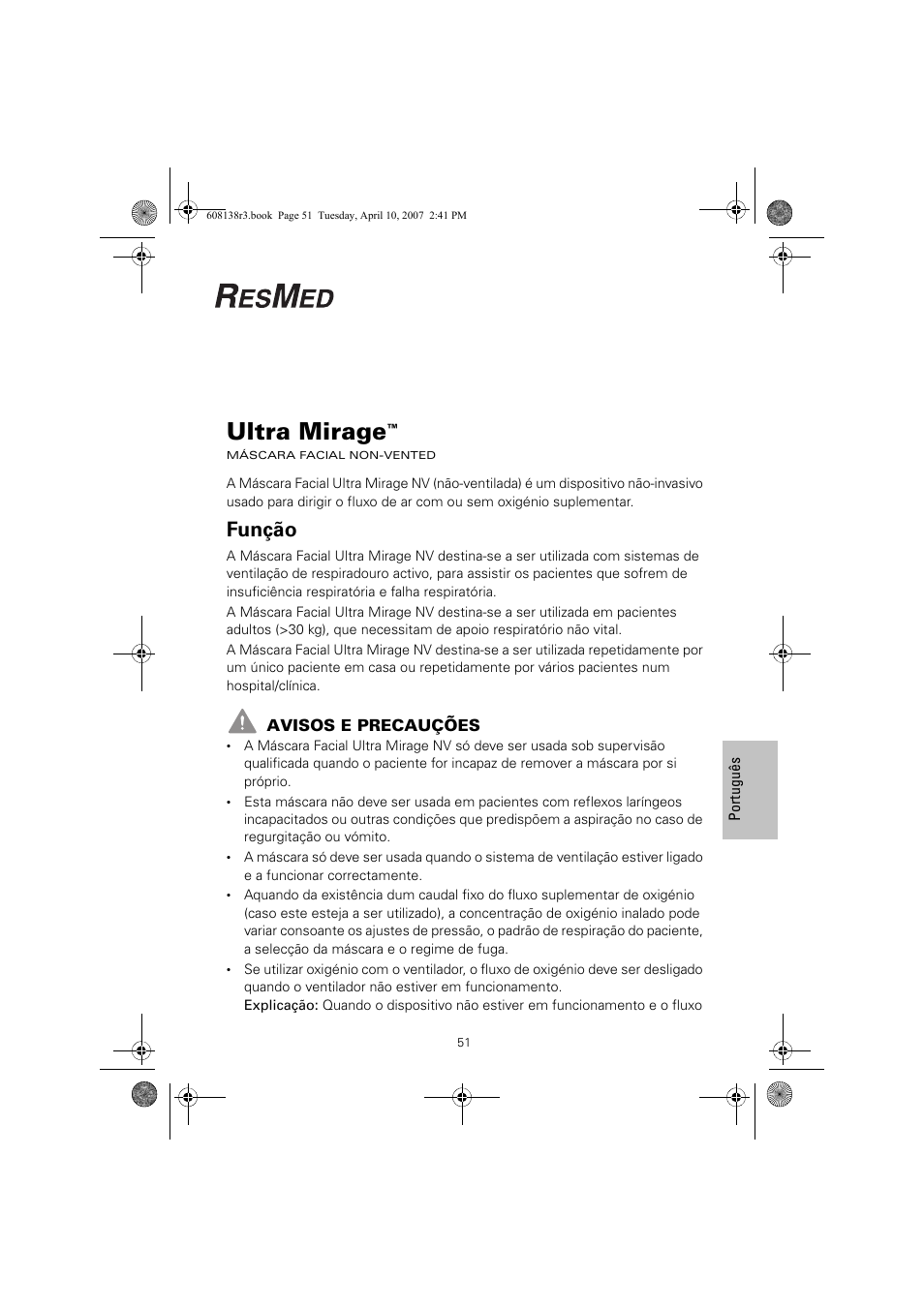 Ultra mirage, Função | ResMed Non-Vented Full Face Mask Ultra Mirage User Manual | Page 55 / 74