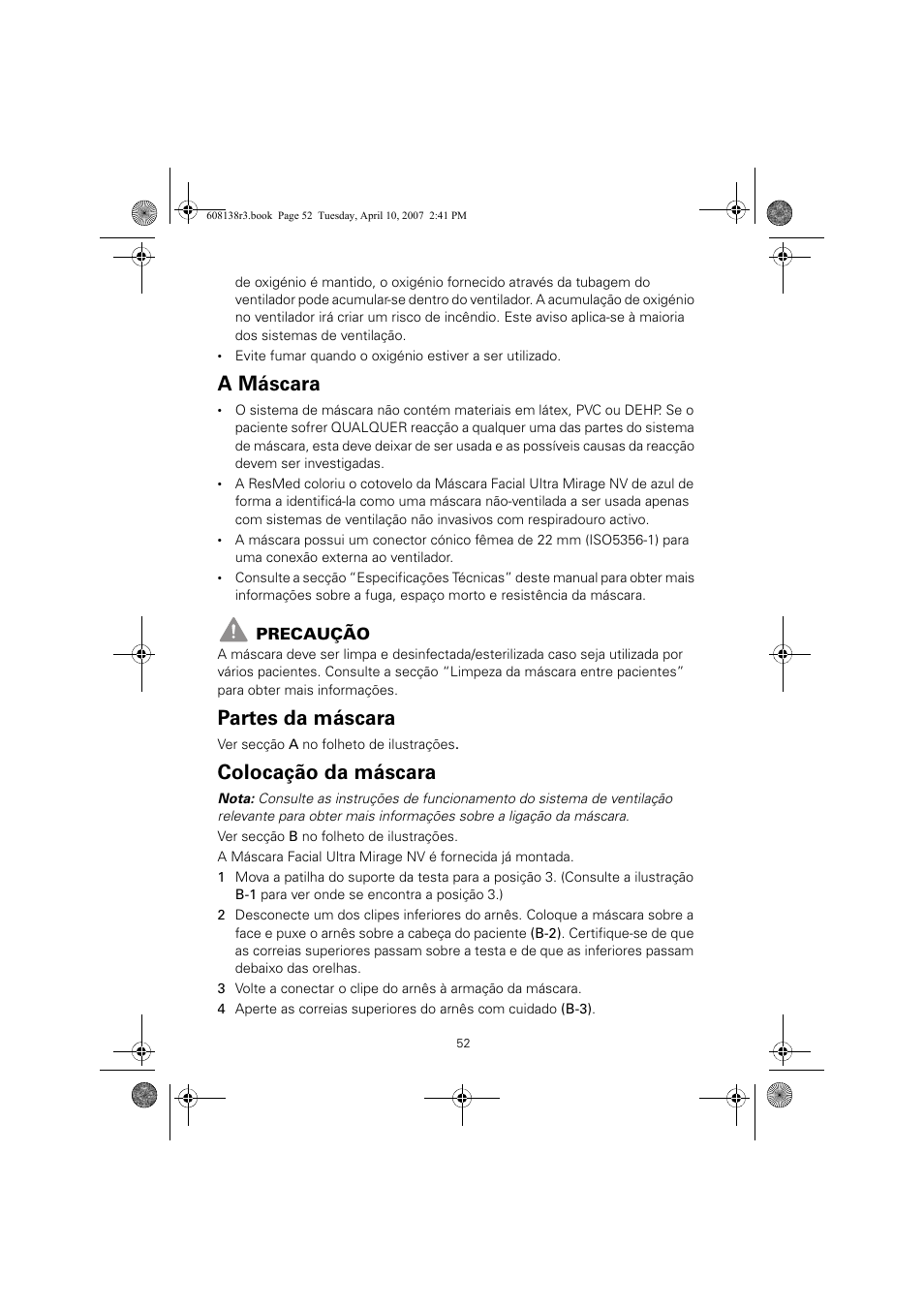 A máscara, Partes da máscara, Colocação da máscara | ResMed Non-Vented Full Face Mask Ultra Mirage User Manual | Page 56 / 74