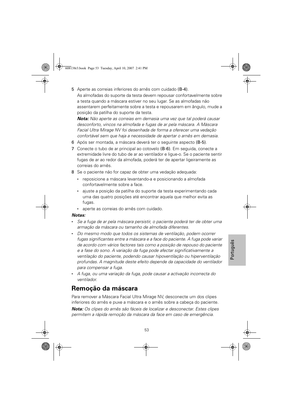 Remoção da máscara | ResMed Non-Vented Full Face Mask Ultra Mirage User Manual | Page 57 / 74