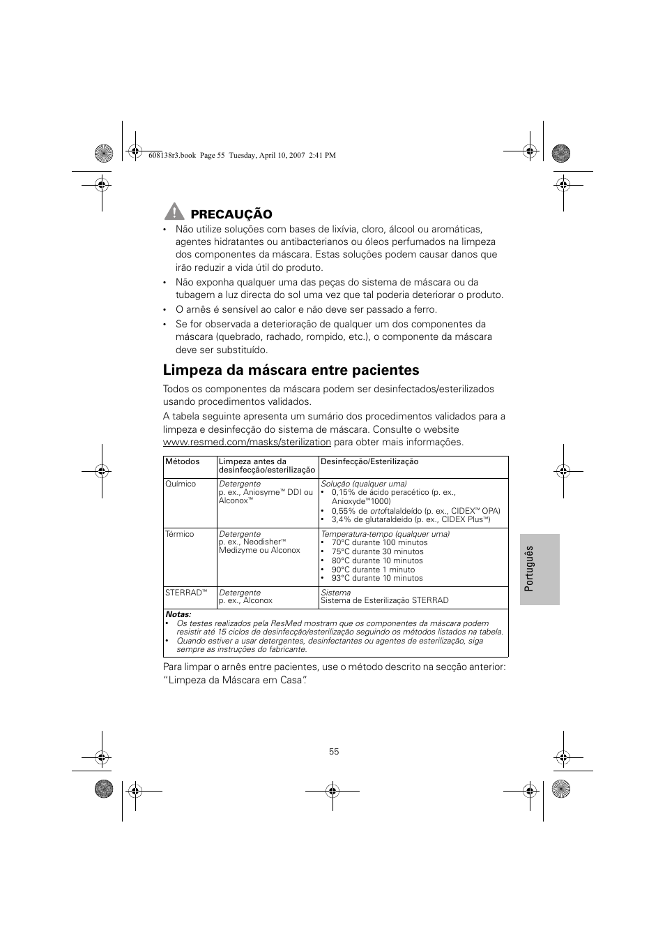 Limpeza da máscara entre pacientes, Precaução, Port ugu ês | ResMed Non-Vented Full Face Mask Ultra Mirage User Manual | Page 59 / 74