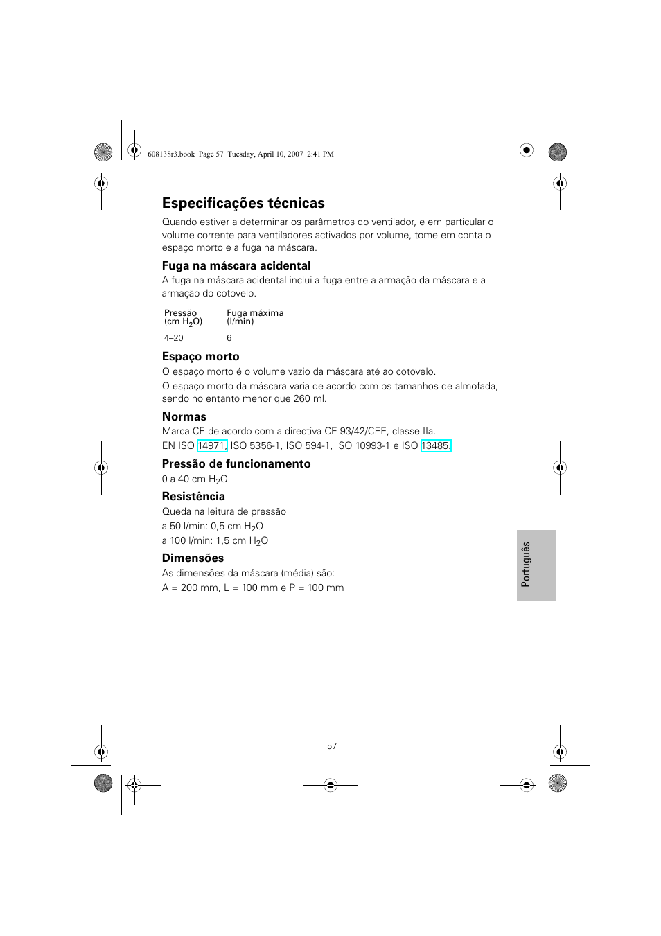 Especificações técnicas | ResMed Non-Vented Full Face Mask Ultra Mirage User Manual | Page 61 / 74