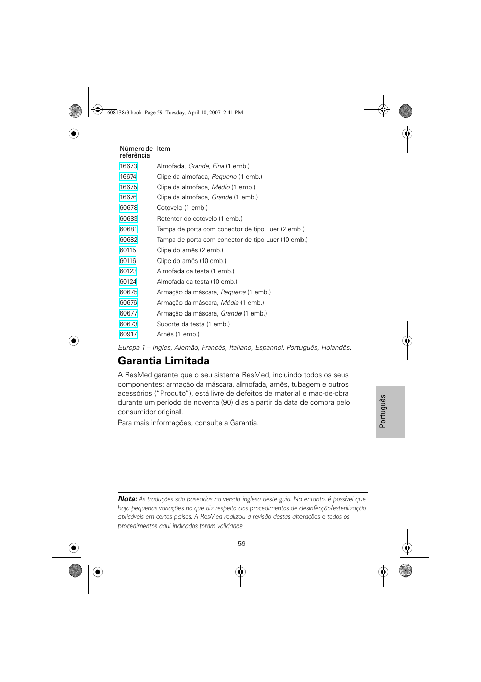 Garantia limitada | ResMed Non-Vented Full Face Mask Ultra Mirage User Manual | Page 63 / 74