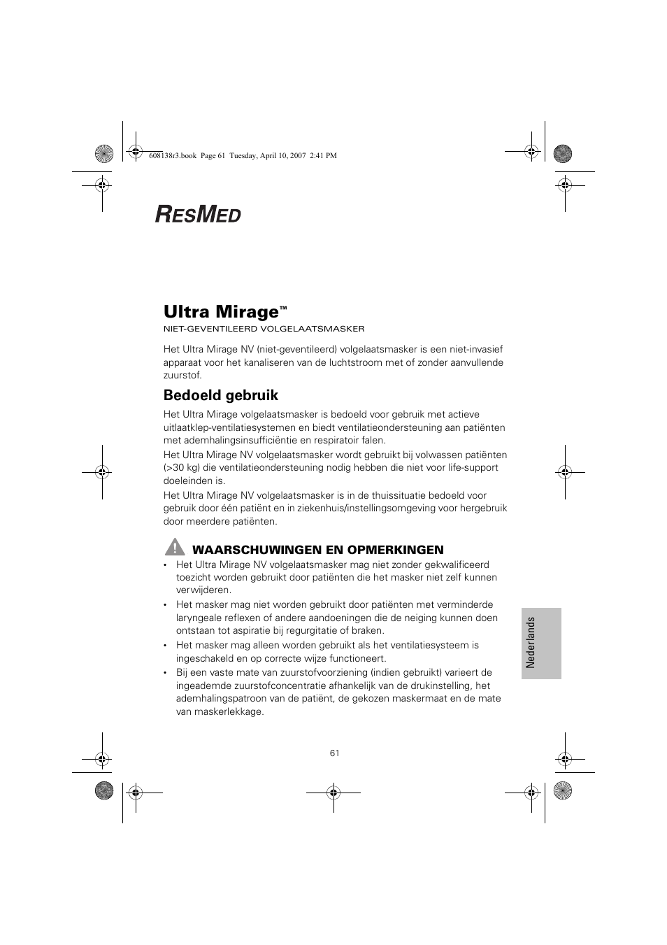 Ultra mirage, Bedoeld gebruik | ResMed Non-Vented Full Face Mask Ultra Mirage User Manual | Page 65 / 74