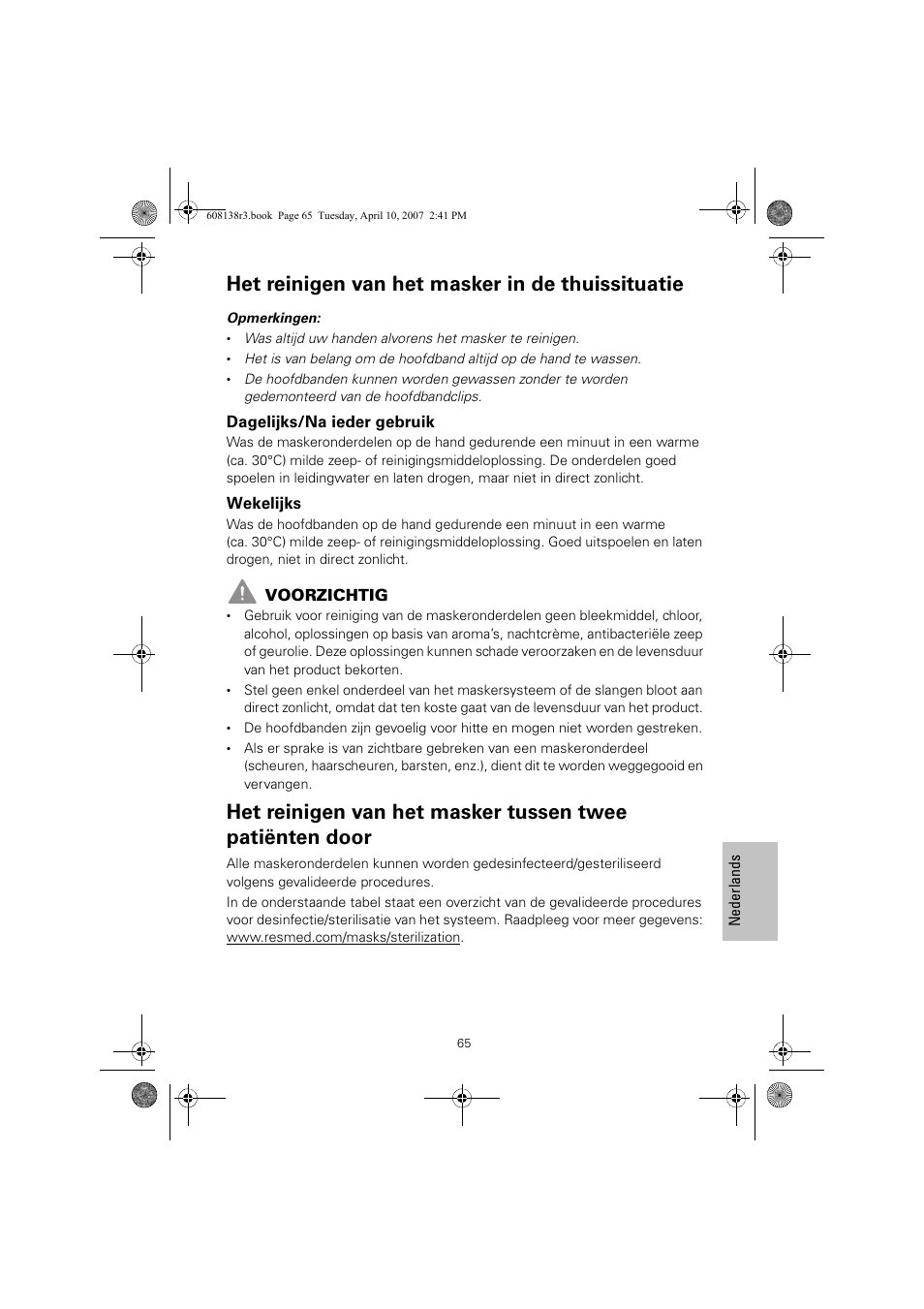 Het reinigen van het masker in de thuissituatie | ResMed Non-Vented Full Face Mask Ultra Mirage User Manual | Page 69 / 74