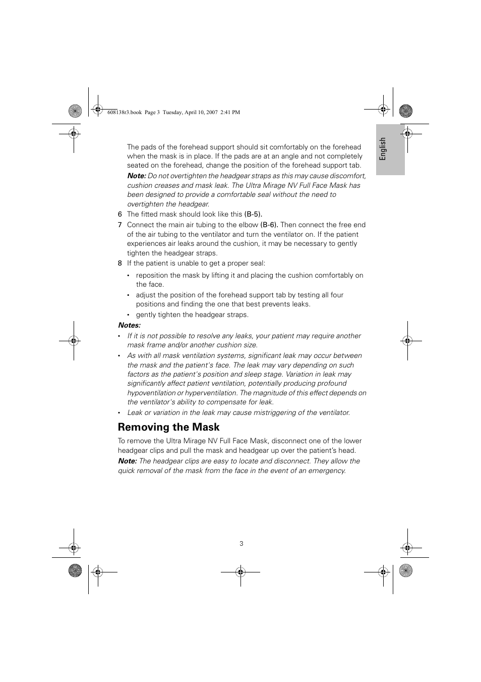 Removing the mask | ResMed Non-Vented Full Face Mask Ultra Mirage User Manual | Page 7 / 74