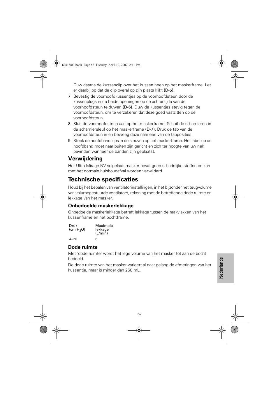 Technische specificaties, Verwijdering | ResMed Non-Vented Full Face Mask Ultra Mirage User Manual | Page 71 / 74