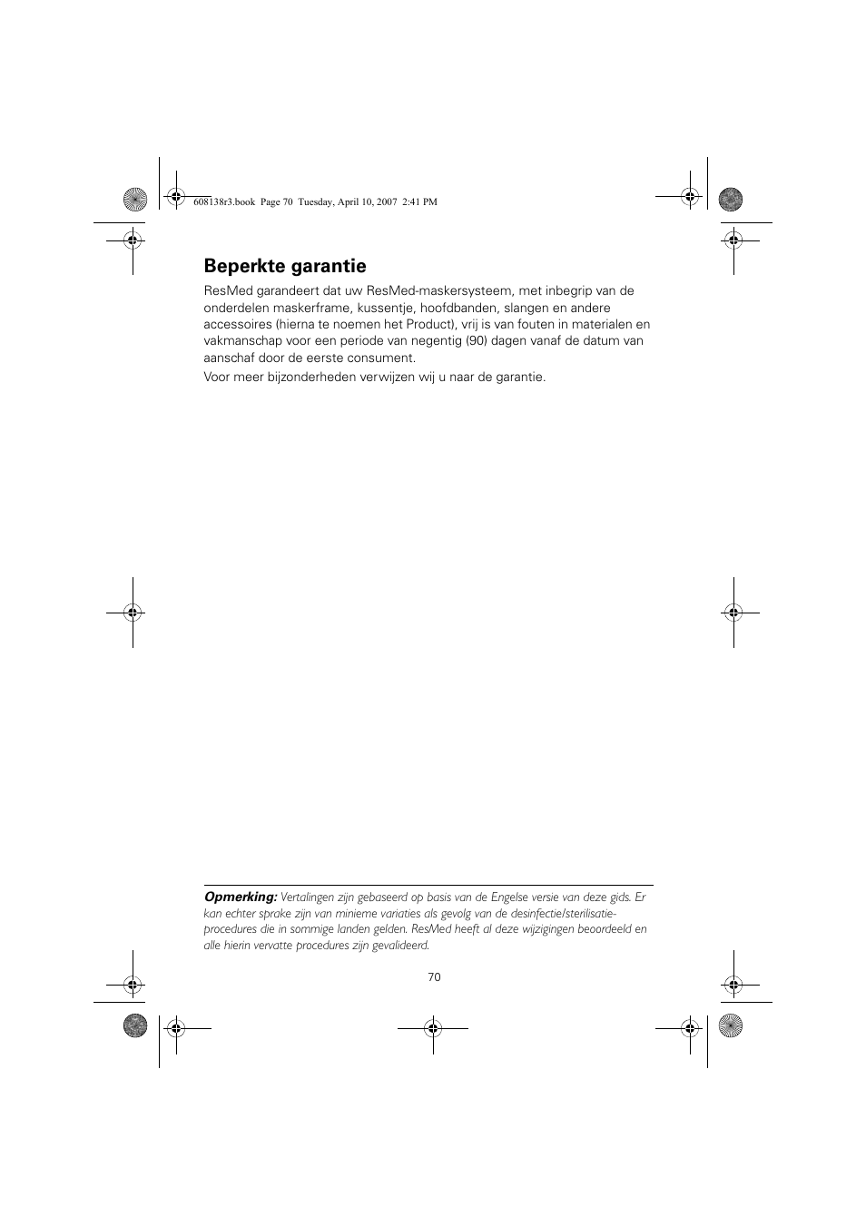 Beperkte garantie | ResMed Non-Vented Full Face Mask Ultra Mirage User Manual | Page 74 / 74