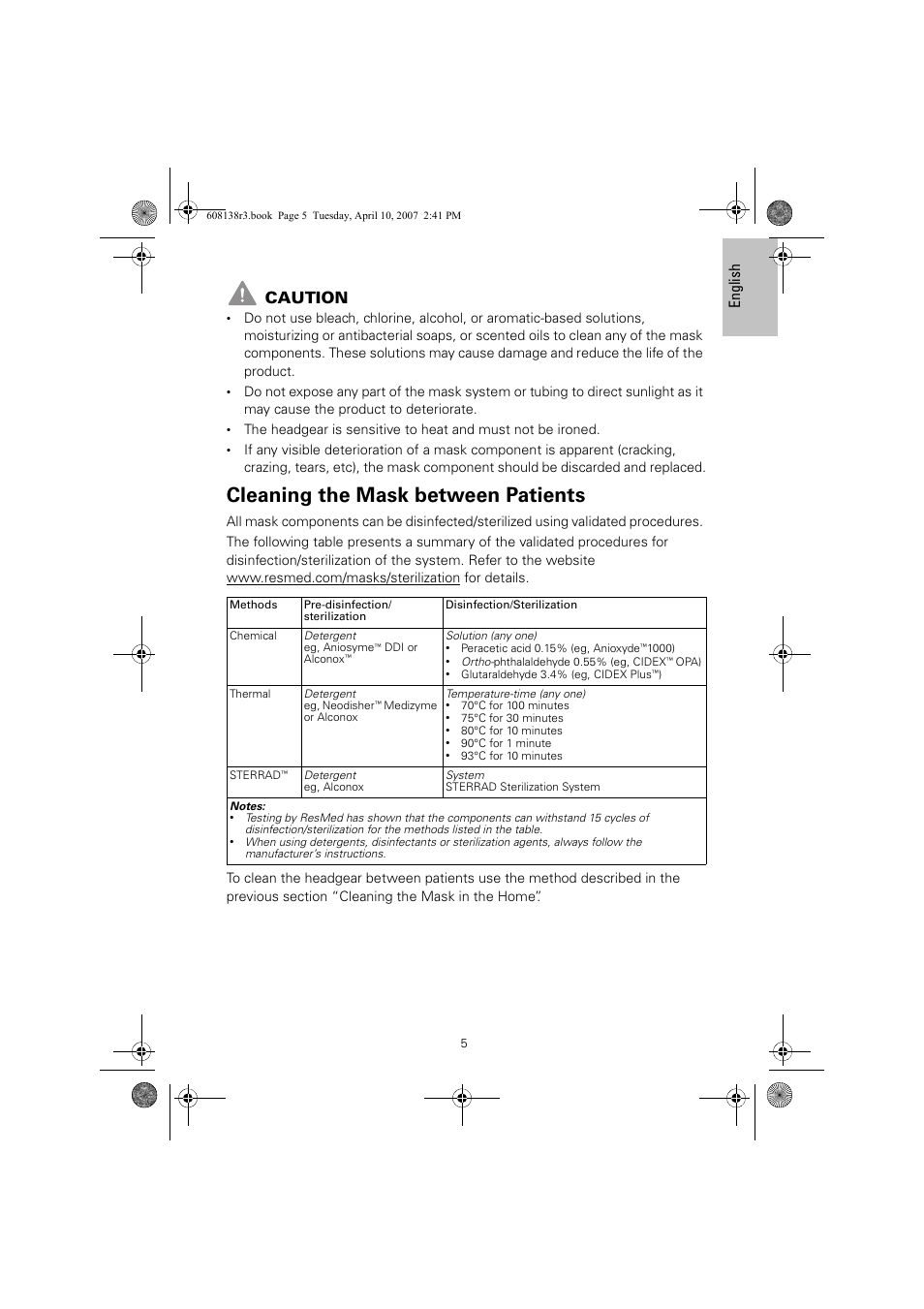 Cleaning the mask between patients, Caution, Eng lish | ResMed Non-Vented Full Face Mask Ultra Mirage User Manual | Page 9 / 74