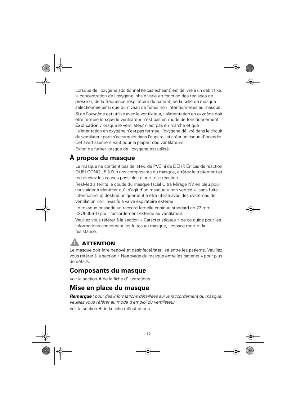 À propos du masque, Composants du masque, Mise en place du masque | ResMed ULTRAMIRAGE 608140/20611 User Manual | Page 16 / 44