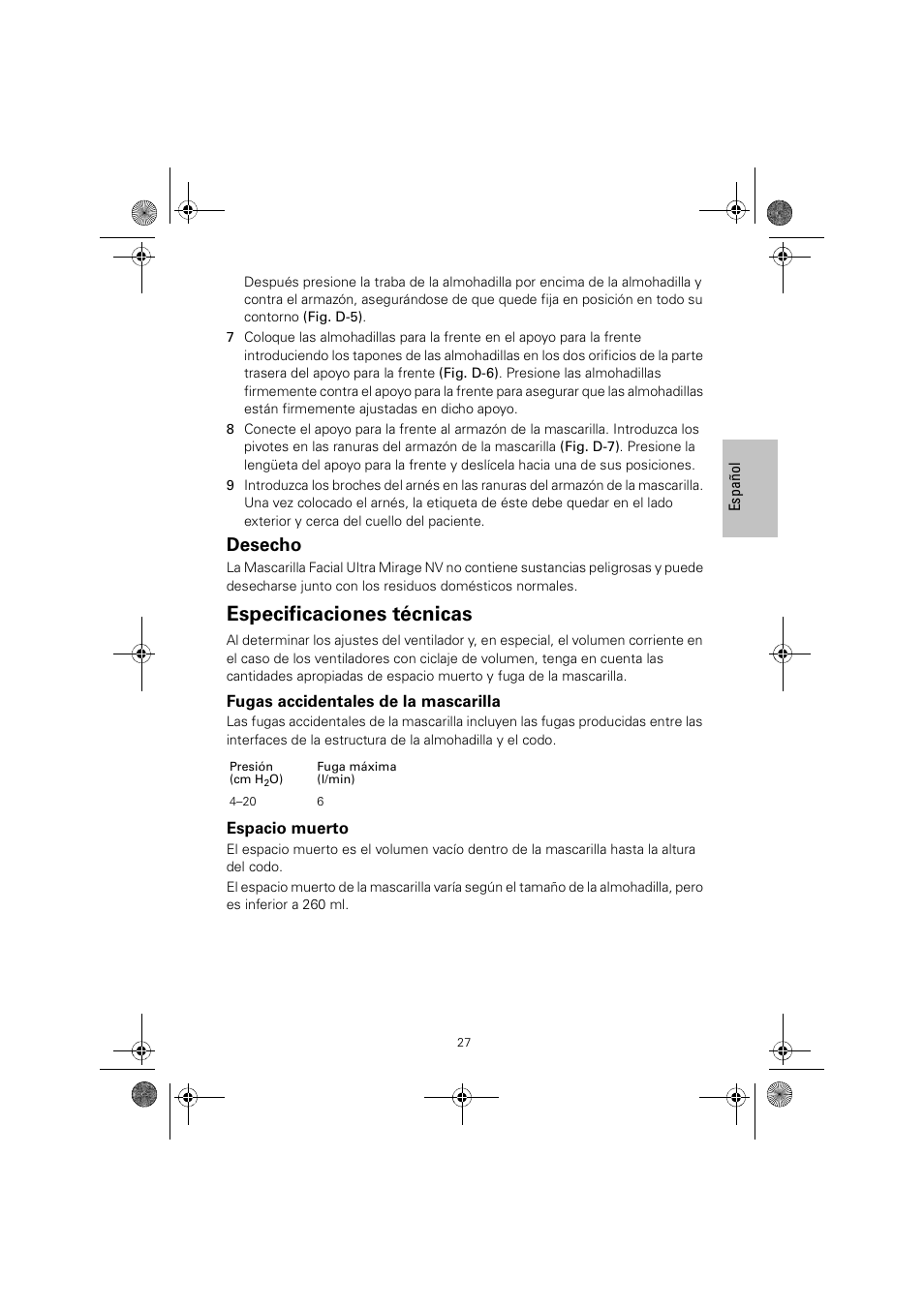 Especificaciones técnicas, Desecho | ResMed ULTRAMIRAGE 608140/20611 User Manual | Page 31 / 44