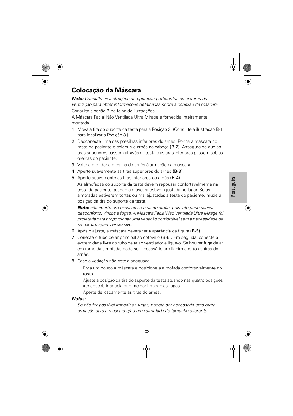 Colocação da máscara | ResMed ULTRAMIRAGE 608140/20611 User Manual | Page 37 / 44