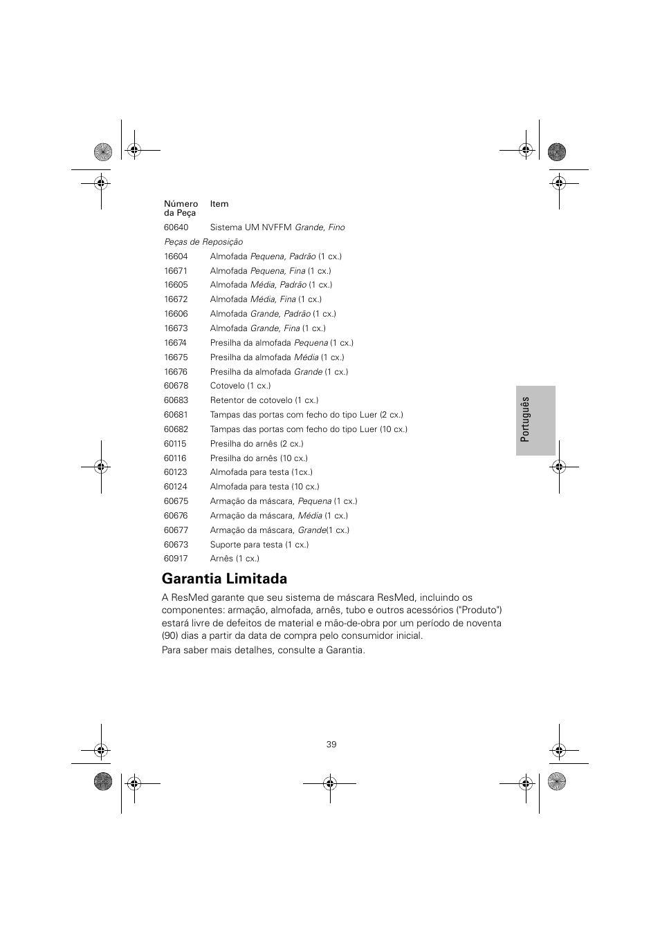 Garantia limitada | ResMed ULTRAMIRAGE 608140/20611 User Manual | Page 43 / 44