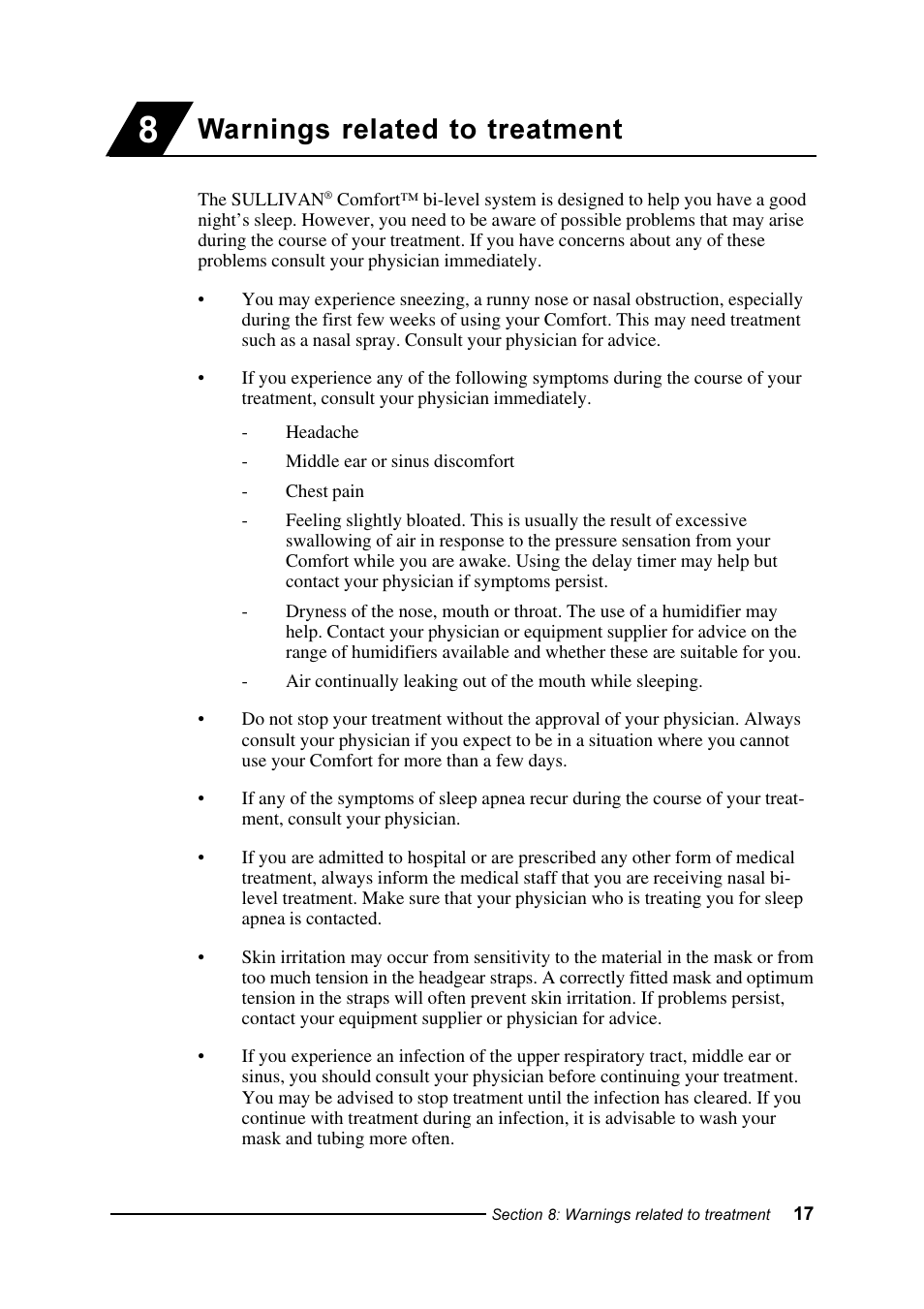 Warnings related to treatment | ResMed Sullivan Comfort User Manual | Page 17 / 26