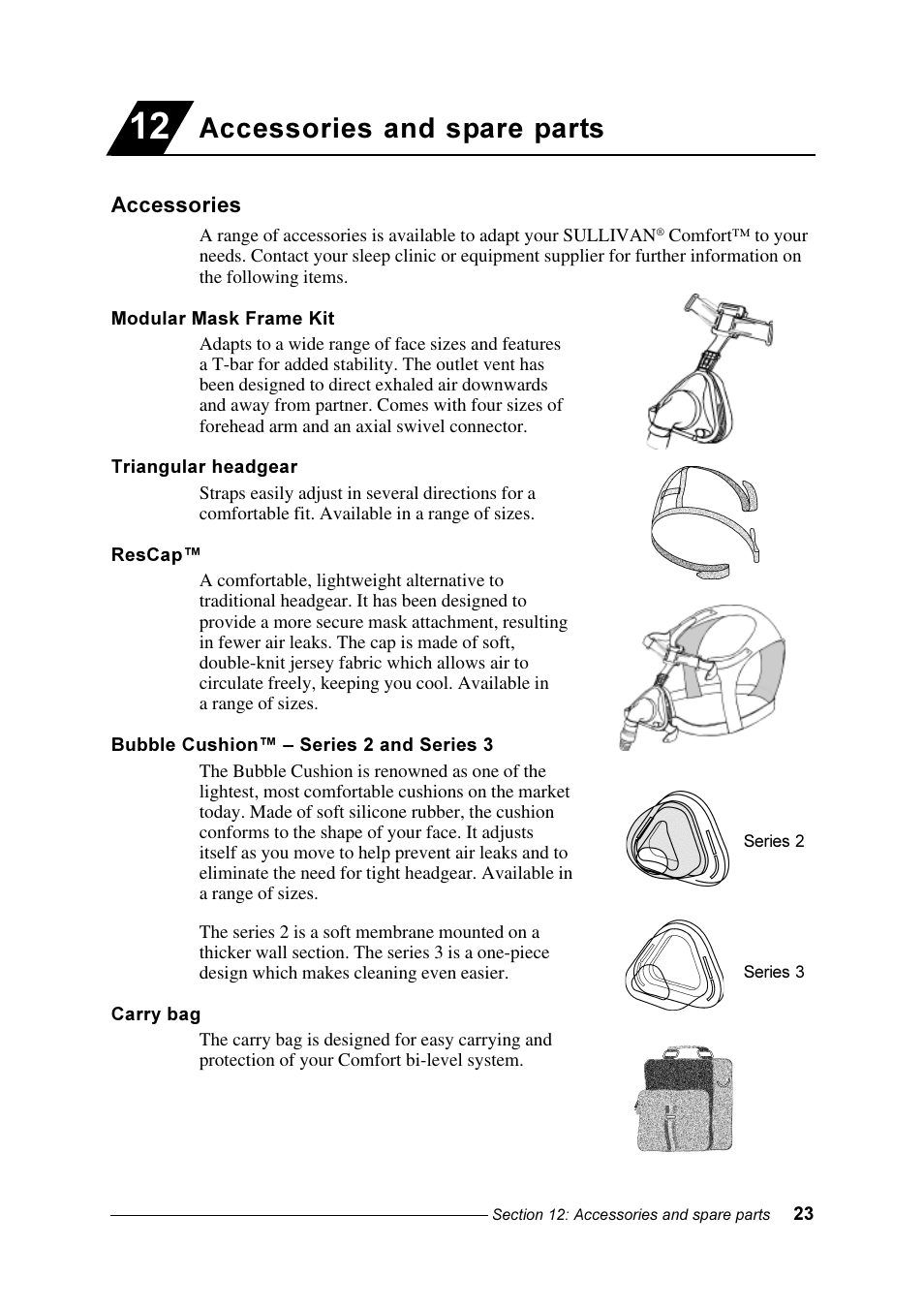 Accessories and spare parts | ResMed Sullivan Comfort User Manual | Page 23 / 26
