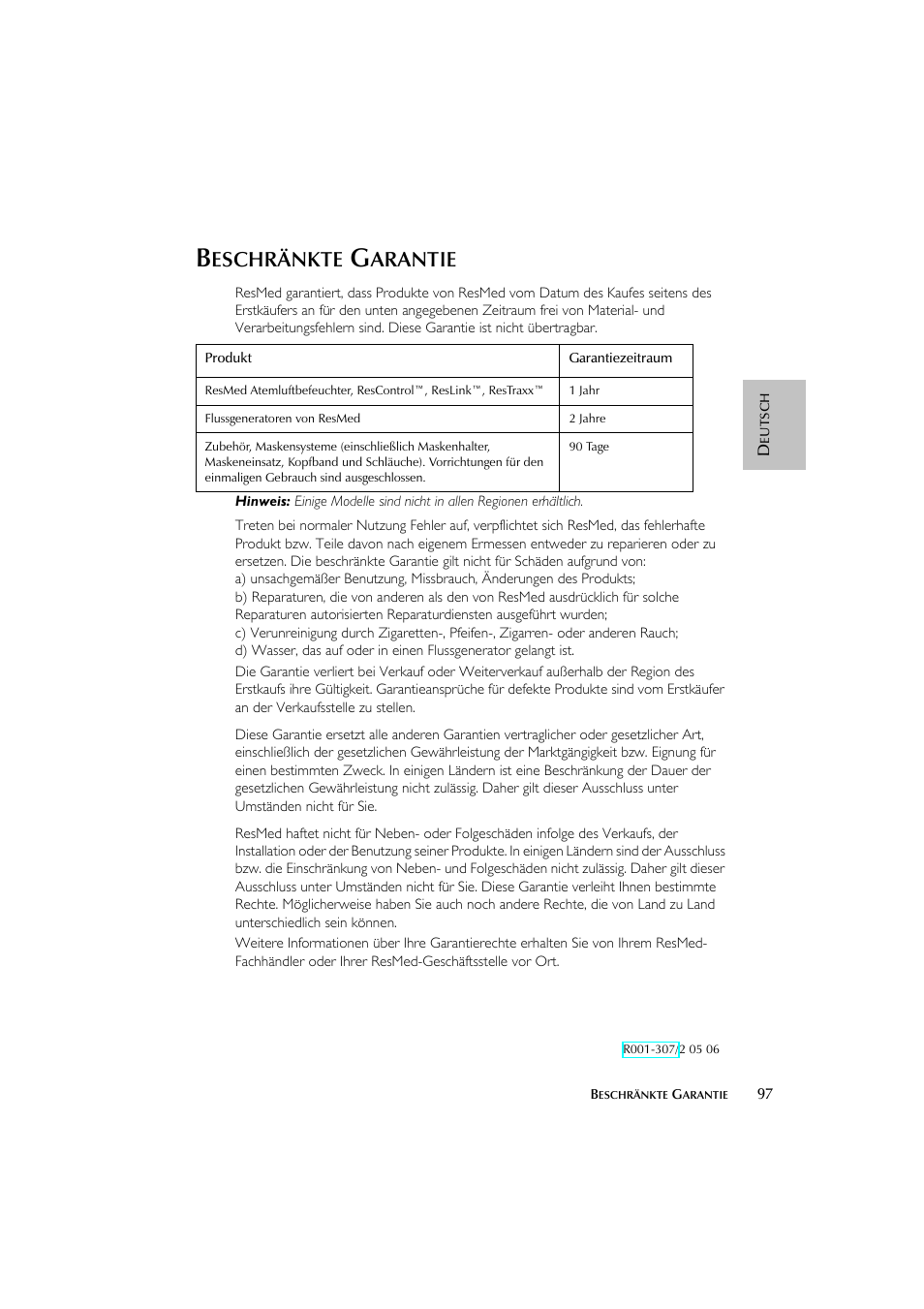 Eschränkte, Arantie | ResMed escape s8 User Manual | Page 101 / 358