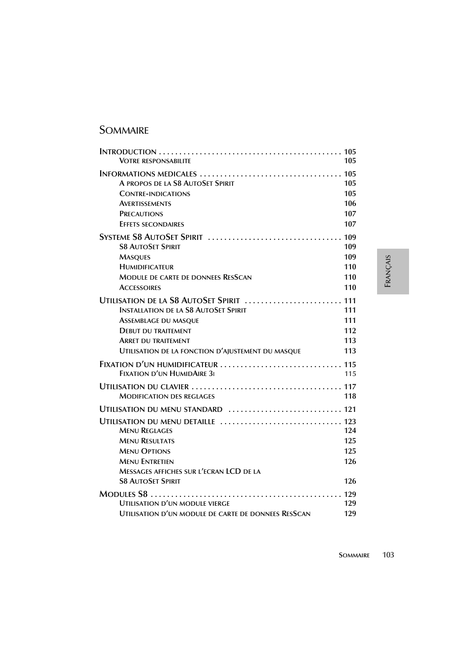 Ommaire, S8 a | ResMed escape s8 User Manual | Page 107 / 358