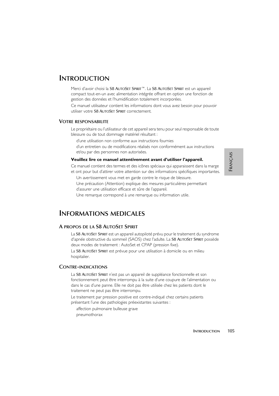 Ntroduction, Nformations, Medicales | S8 a | ResMed escape s8 User Manual | Page 109 / 358