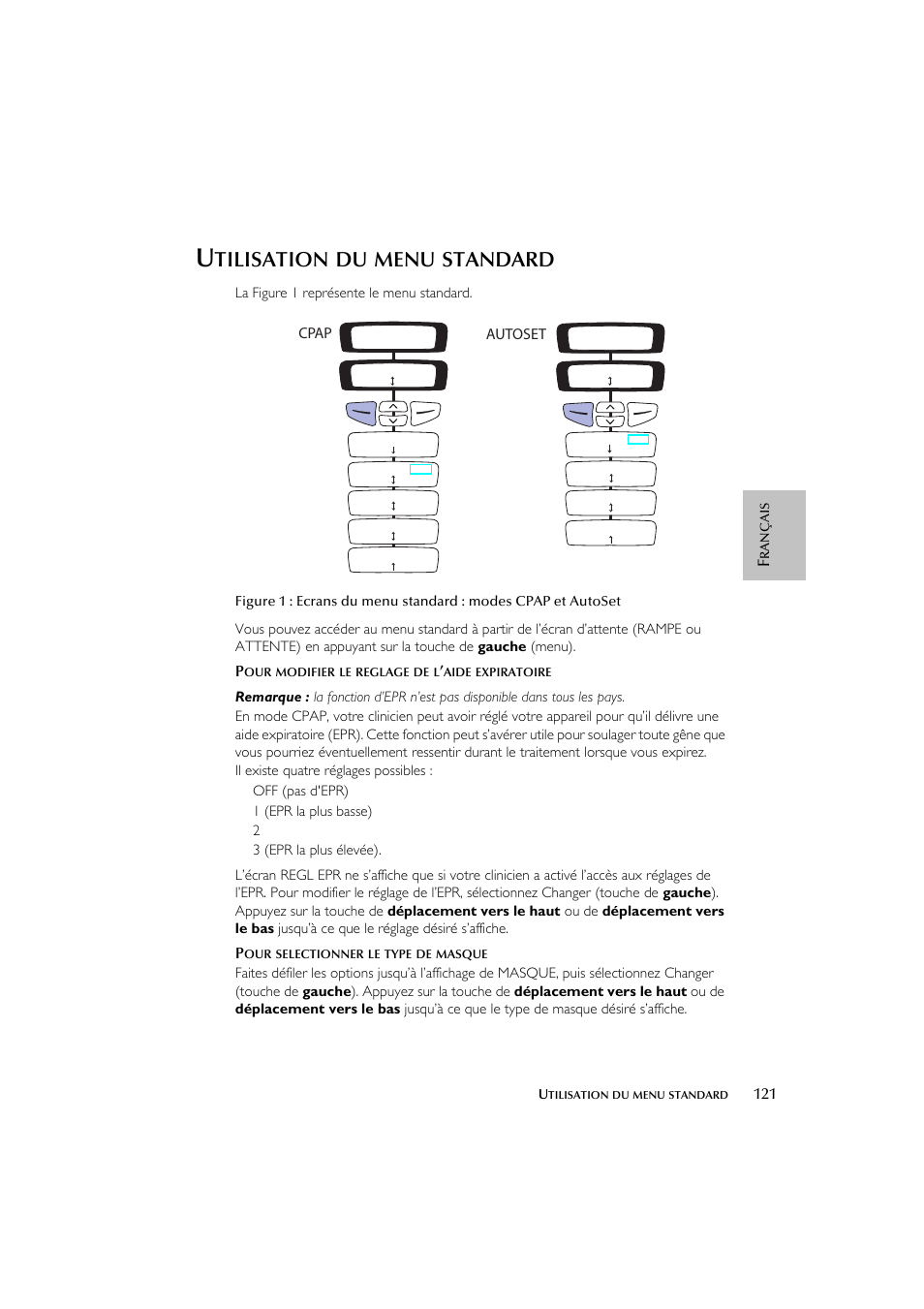 Tilisation, Menu, Standard | ResMed escape s8 User Manual | Page 125 / 358