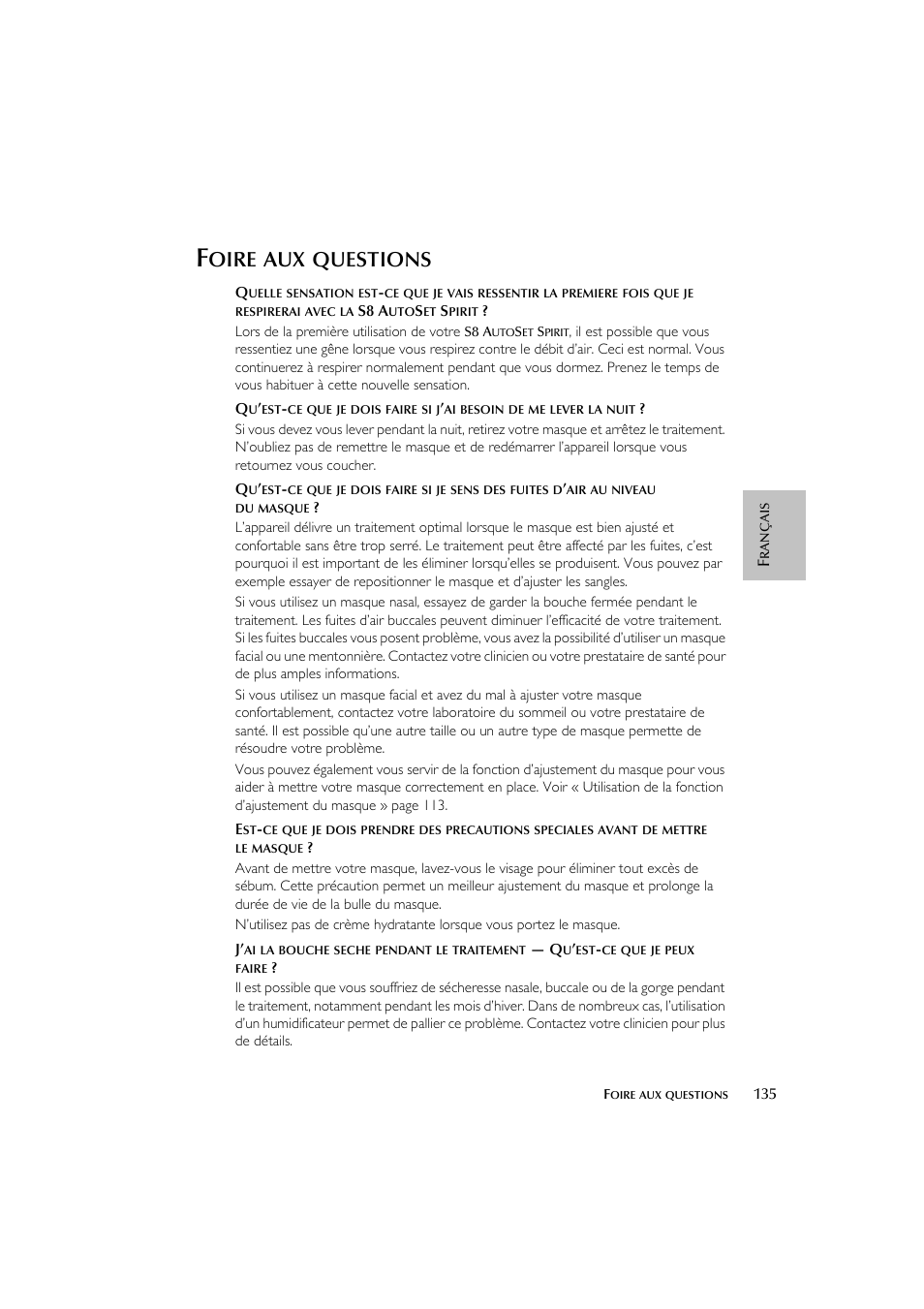 Oire, Questions | ResMed escape s8 User Manual | Page 139 / 358